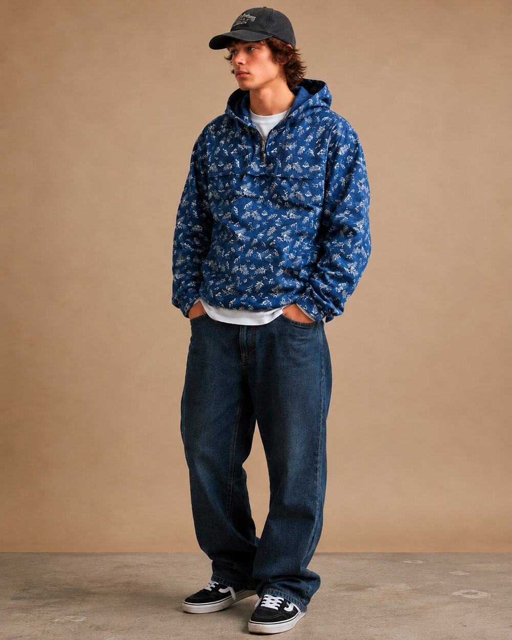 Blue Floral Anorak Linen Blend Jacket Hooded Pullover Small